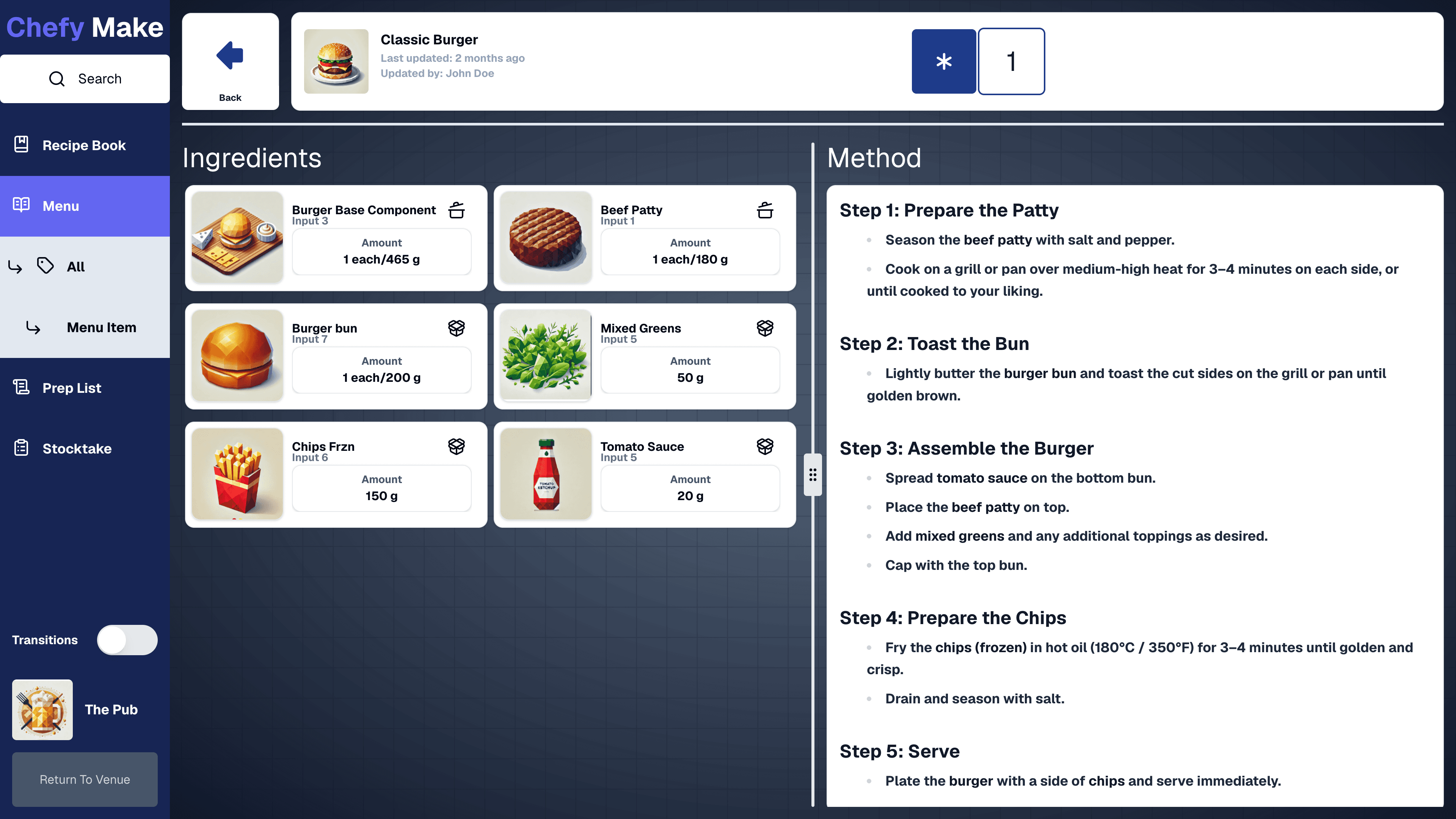 Chefy Go production interface showing recipe methods and ingredient tracking