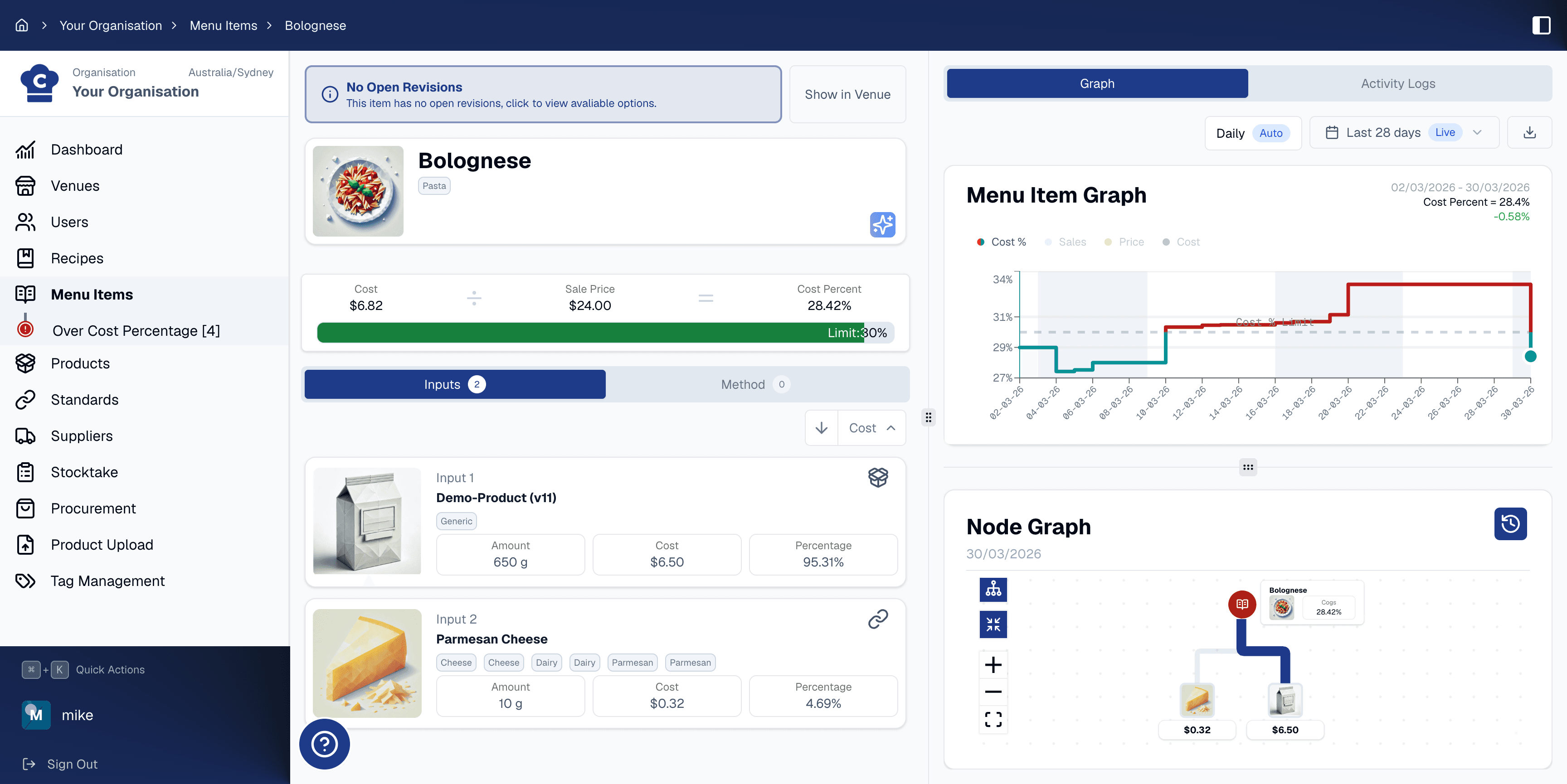 Chefy Core interface showing nested recipes and standard products