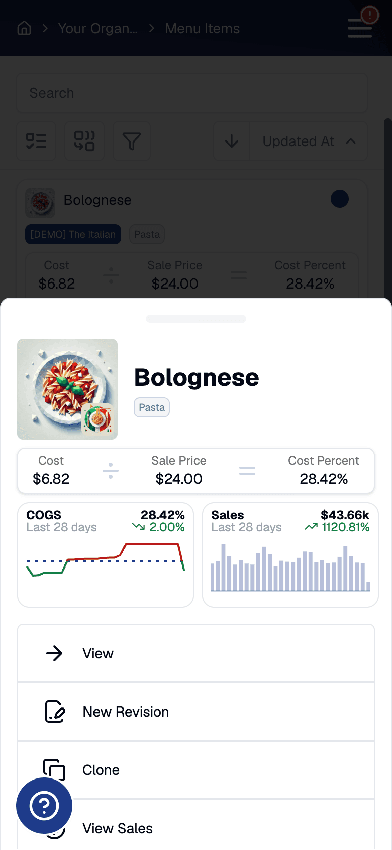 Mobile app showing menu item details with live costing and performance metrics